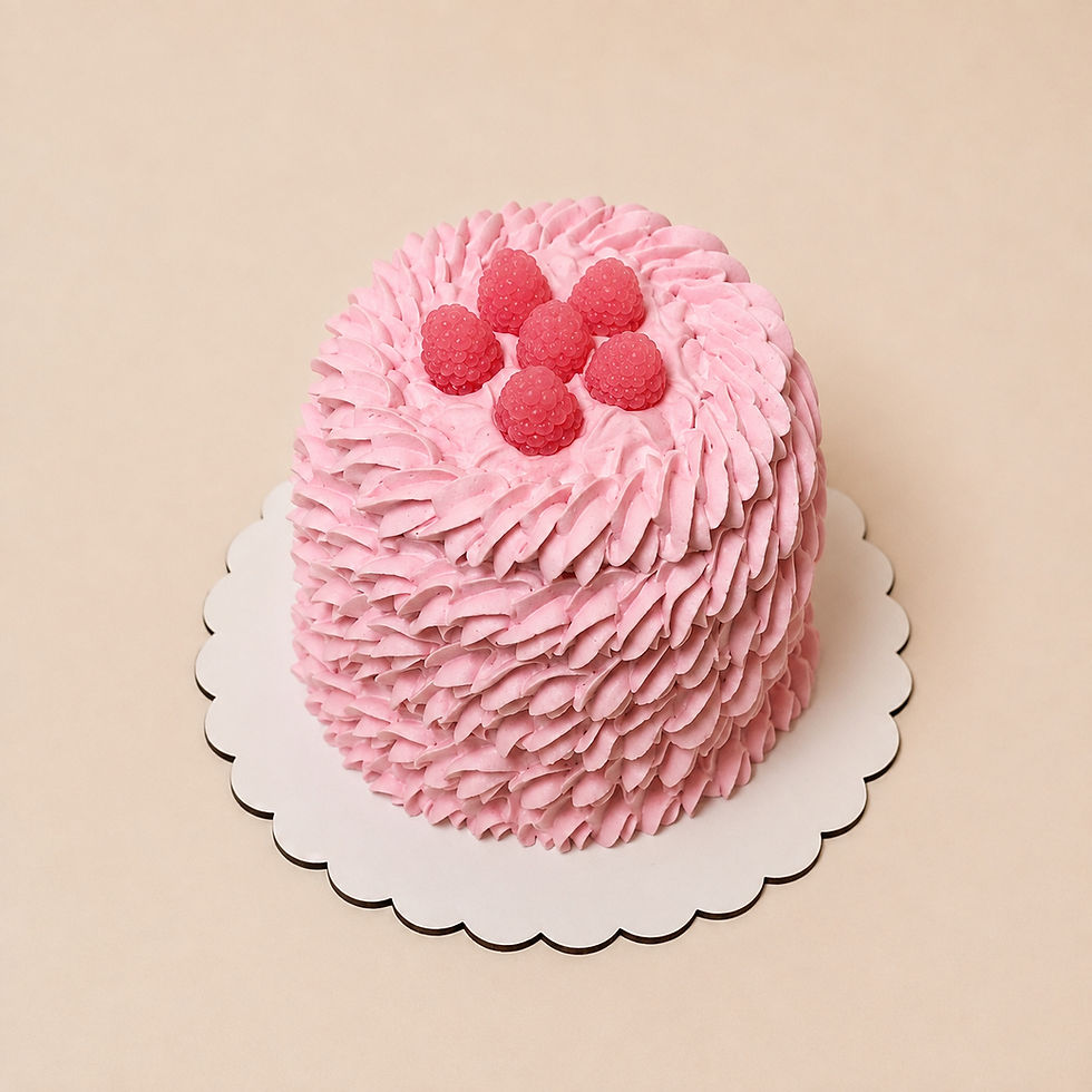 Vista superior del Framboise Ruffle Cake con nata rosa rizada y frambuesas decorativas sobre fondo crema.
