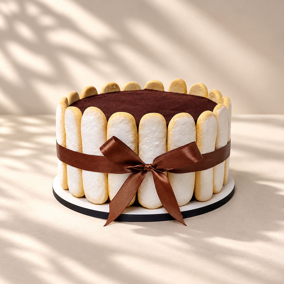 Tiramisú Couture, fake cake con savoiardi artesanales, falso cacao espolvoreado y lazo de satén marrón.