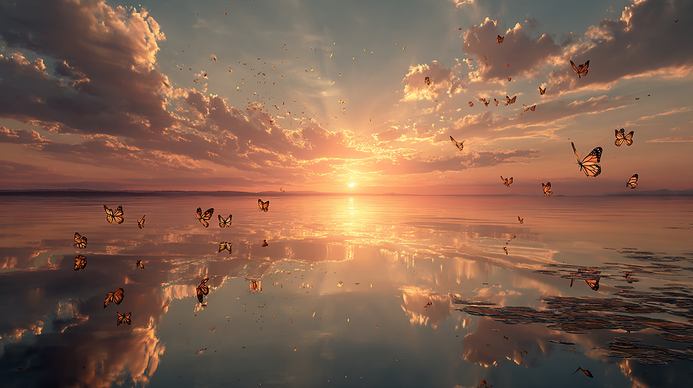 A peaceful sunrise over a calm lake with butterflies drifting through golden light, symbolizing remembrance, healing, hope, and the lasting beauty of cherished memories and love.