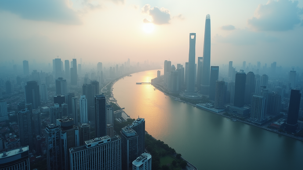 High angle view of a waterfront skyline in Shanghai