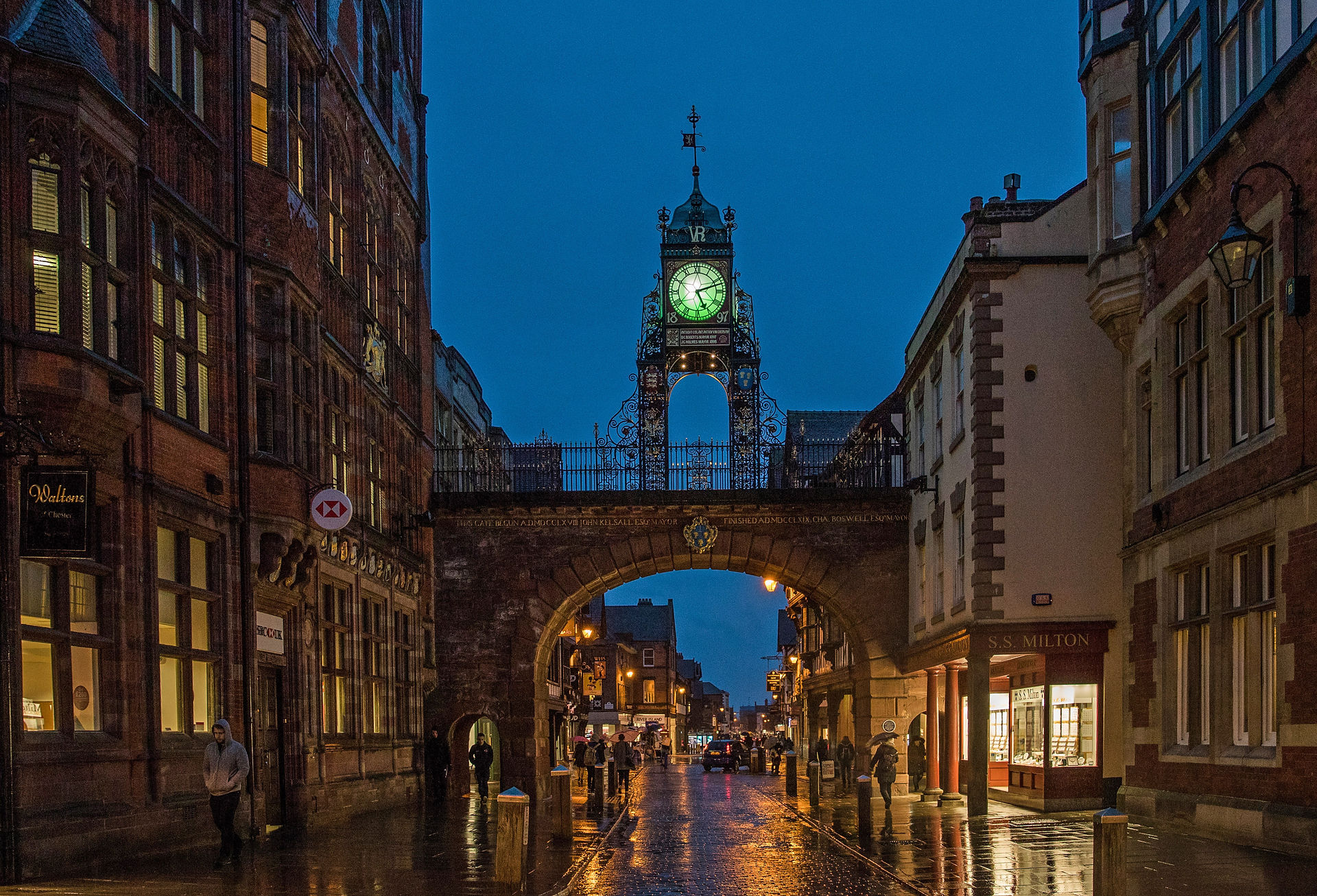 The Eastgate clock lit green
