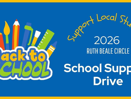 Back-to-school graphic promoting the 2026 Ruth Beale Circle School Supplies Drive.