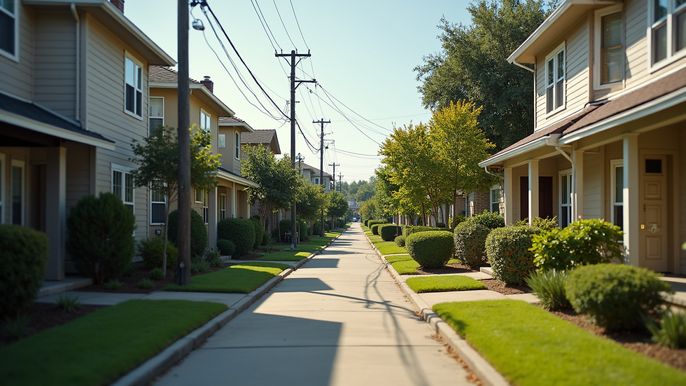 Eye-level view of a modern Houston neighborhood street with houses
