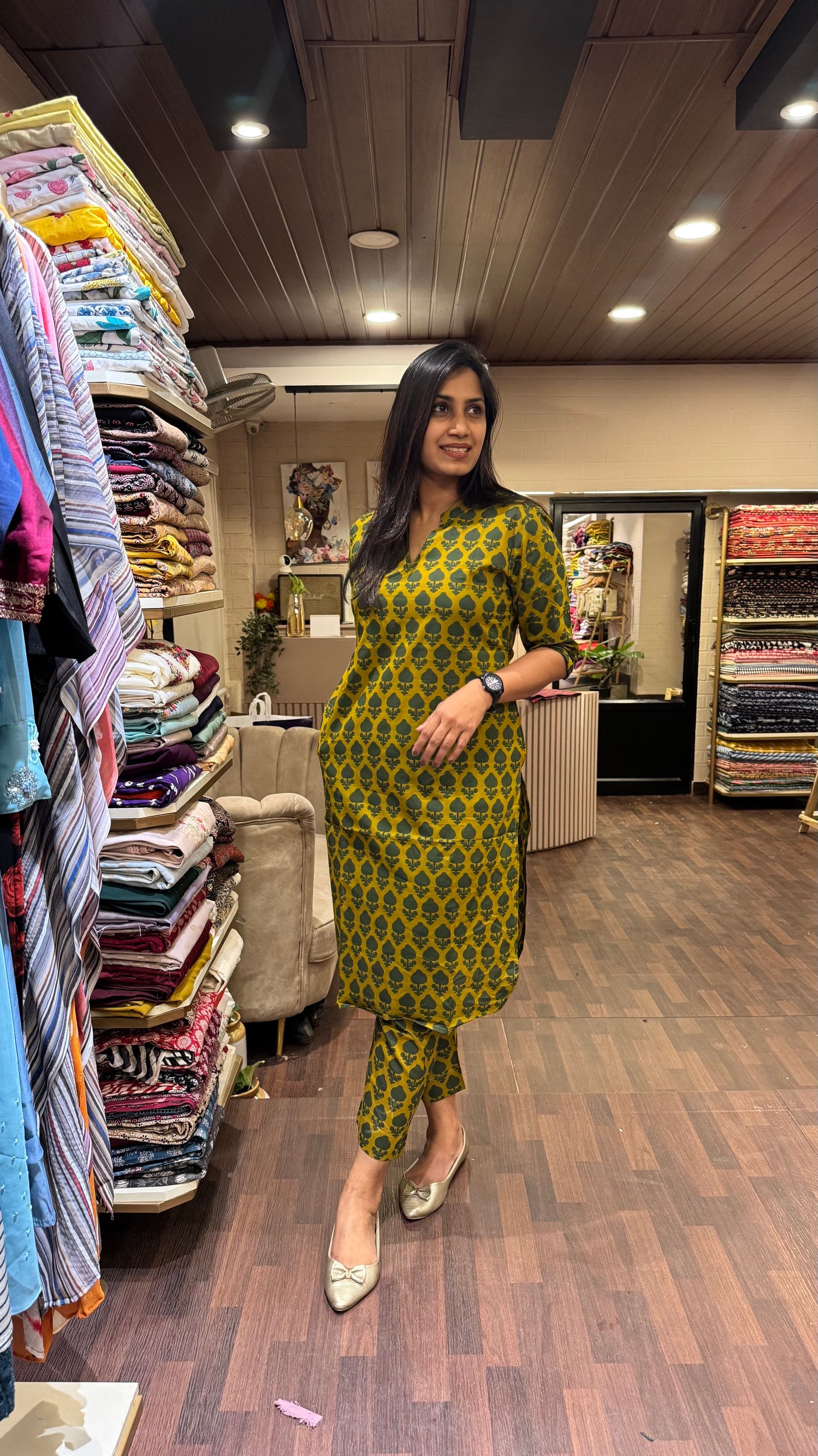 Mustard yellow and green cordset in printed Ajrakh cotton