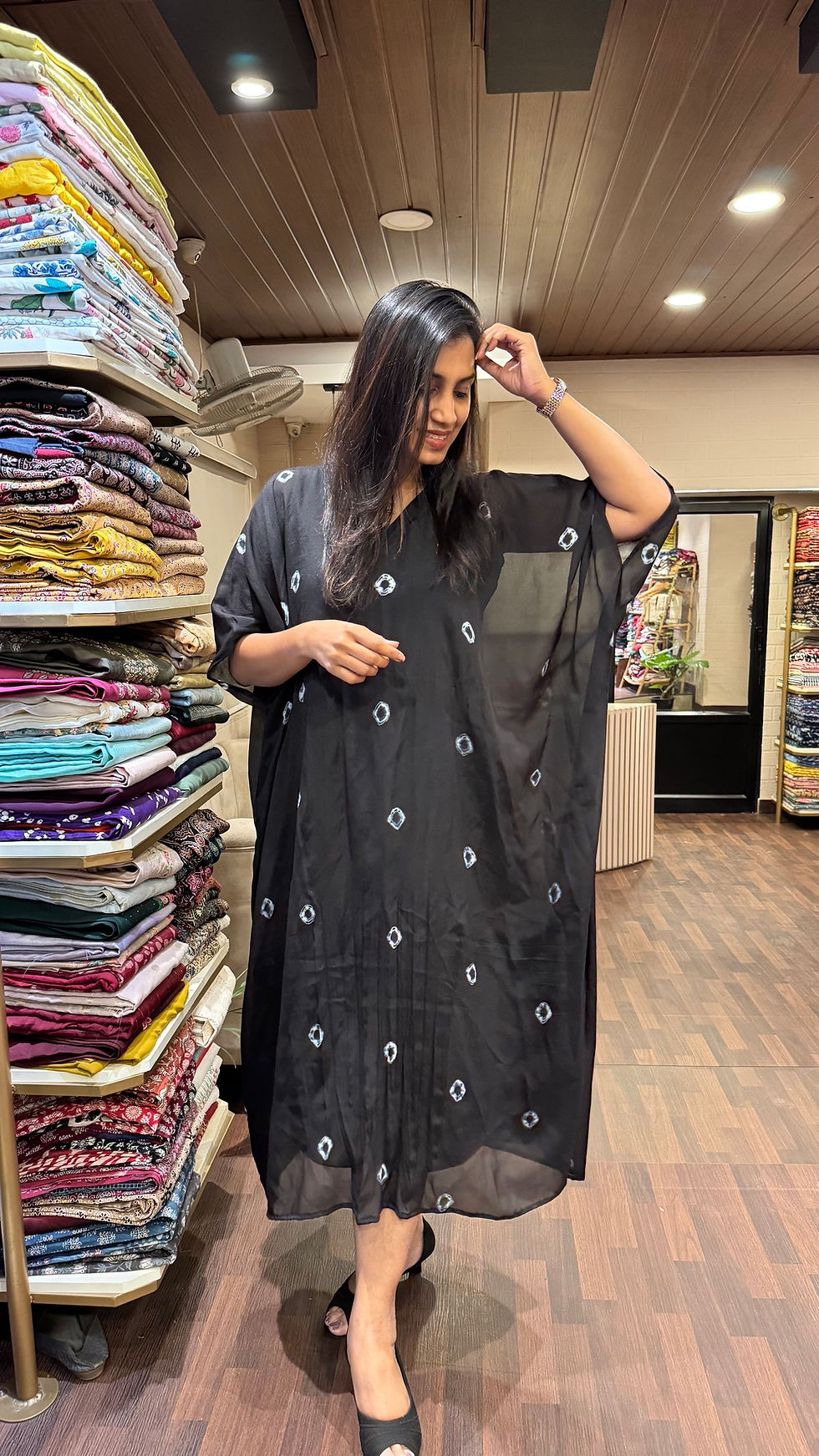 Thumbnail: Black small bandhini kaftan dress