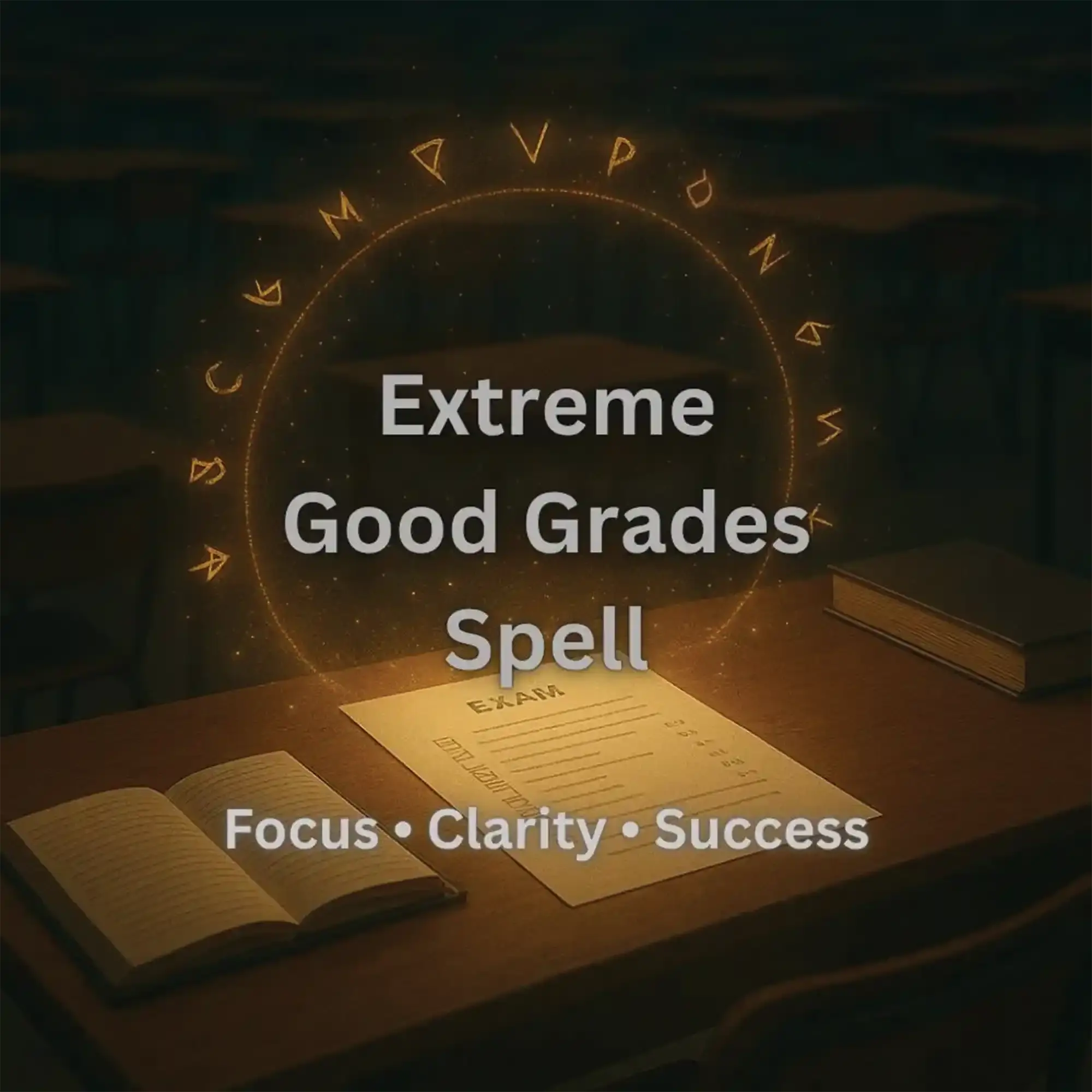 Photo of a ritual casting for improved academic focus and memory, showing a study space with notes, and focused intention