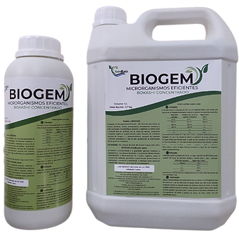 Embalagens do biofertilizante Biogem, em dois tamanhos (1L e 5L)