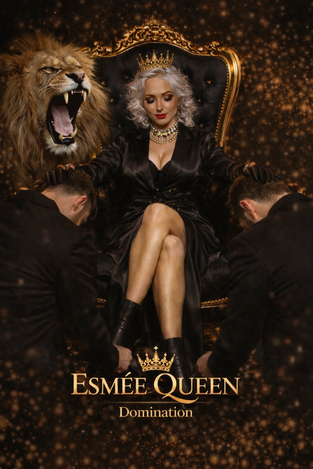 Domination Encadrée - Queen Esmée Queen en tenue noire luxe, posture dominante, lion rugissant à ses côtés, univers Queen VIP
