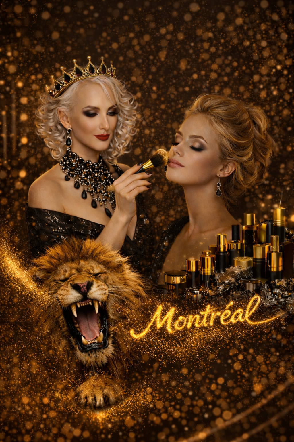 Transformation Signature 3D – Femme Esmée Queen réalise une transformation Signature 3D féminine haut de gamme dans un décor luxueux aux teintes or, noir et diamant. La scène met en valeur un moment de maquillage précis et délicat, où l’artiste sublime les traits du visage avec des produits cosmétiques de luxe, dans une atmosphère élégante et assumée. À l’avant-plan, le lion — symbole de puissance, de confiance et de renaissance — repose dans une poudre d’or scintillante, incarnant la force intérieure et l’affirmation de soi. L’ensemble visuel exprime une transformation profonde, alliant beauté, assurance et identité, dans un univers raffiné et sécurisant signé Esmée Queen.