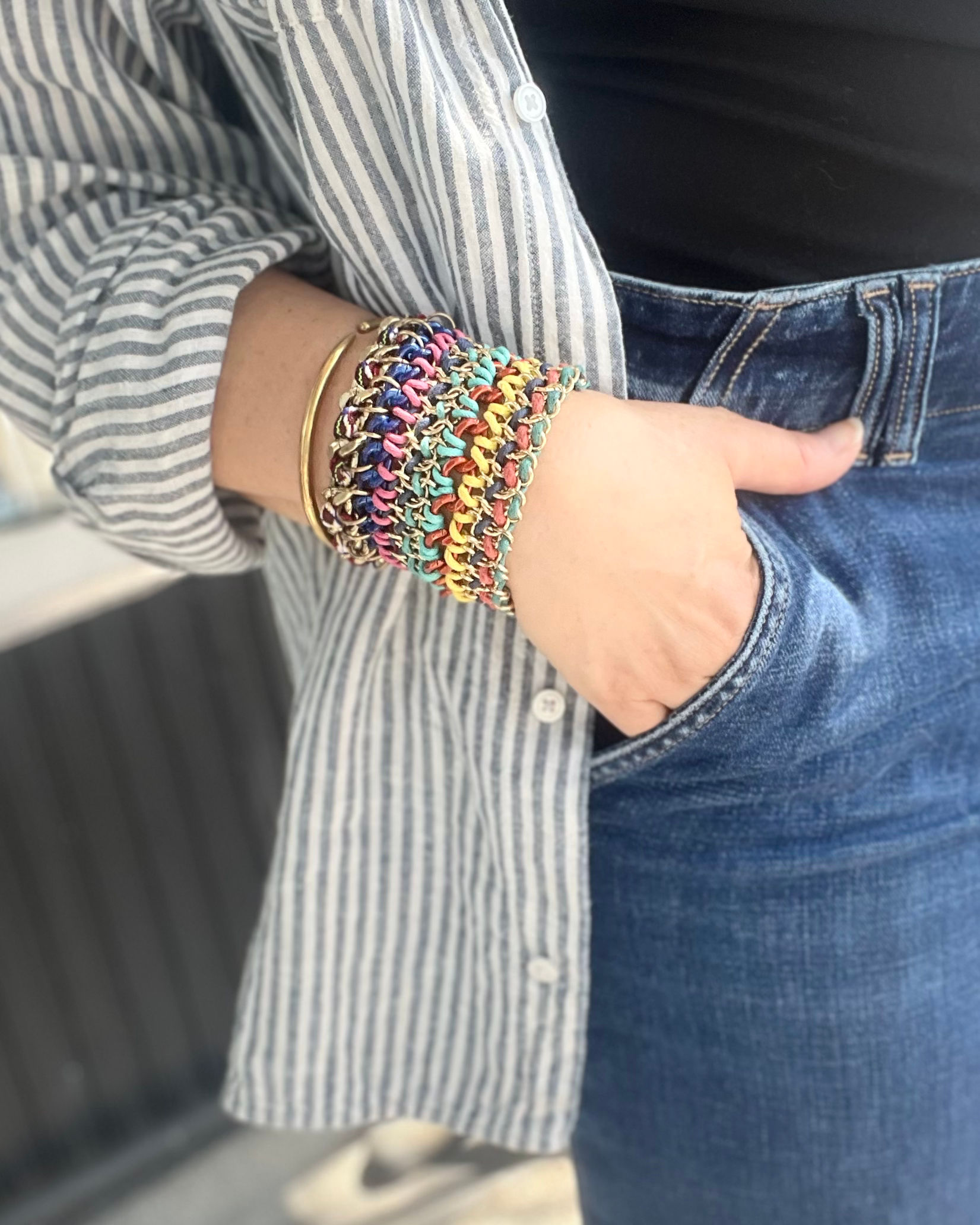 Vintage Handwoven Chainmail Bracelet with Braided Textile Accents TVB31