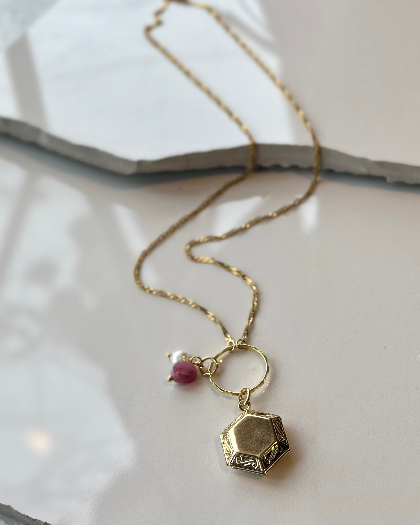 14K Goldplate Hexagon Locket + Pearl + Tourmaline FNJ37