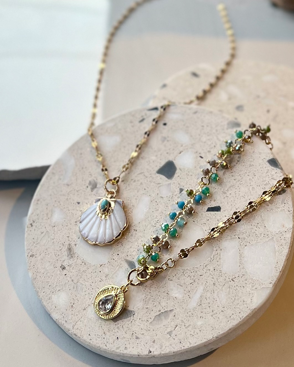 Thumbnail: 14K Goldplate Evil Eye Necklace Or Beaded Apatite Bracelet FNJ43SET