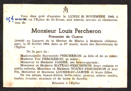 Faire-part de réinhumation de Louis Percheron dans le cimetière de Saint-Éman le 28 novembre 1949