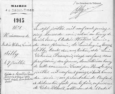 Registre état-civil Saint-Éman 7 juillet 1915 Naissance d'Andrée Silly