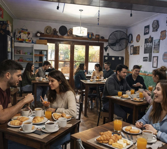 Personas cenando en mesas de madera en un restaurante acogedor