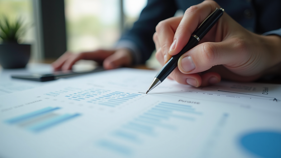 Close-up view of a person reviewing their credit report with a pen