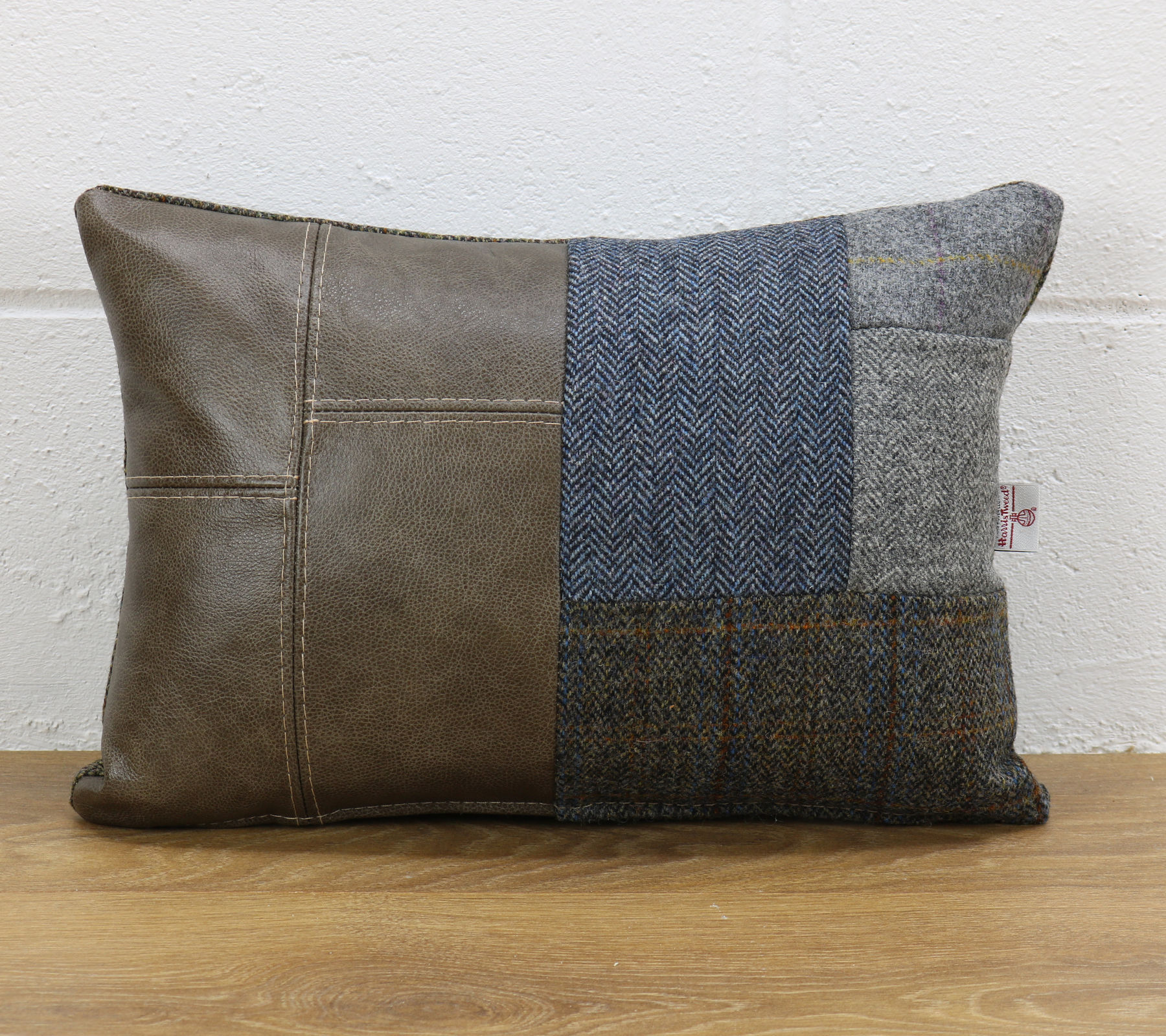 Harris Tweed patchwork cushion C001YM sage grey leather