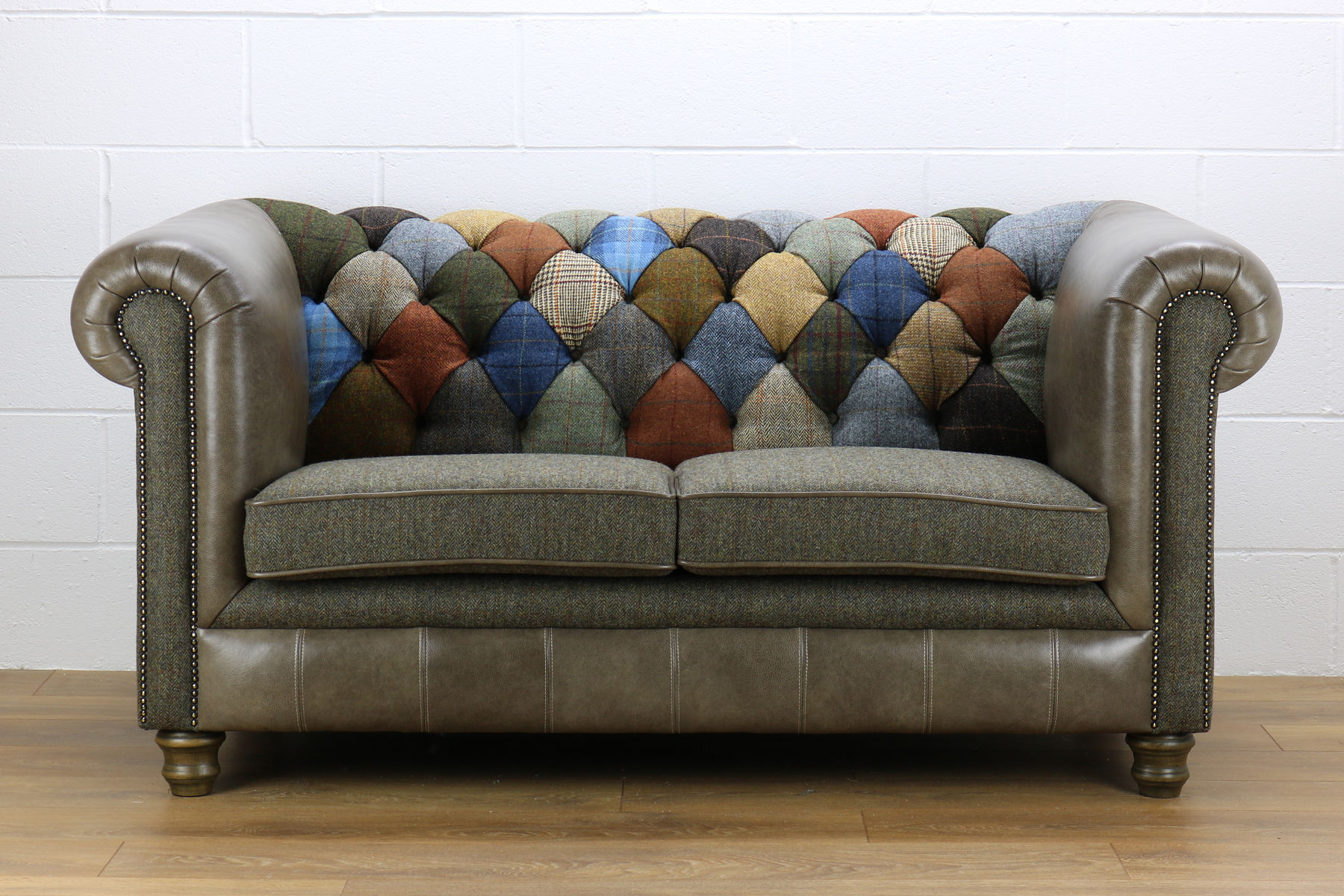 Chesterfield 2 seater patchwork Harris Tweed/ leather sofa