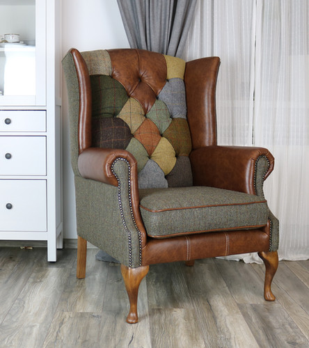 McKenzie patchwork Harris Tweed chair with head rest leather patches ...