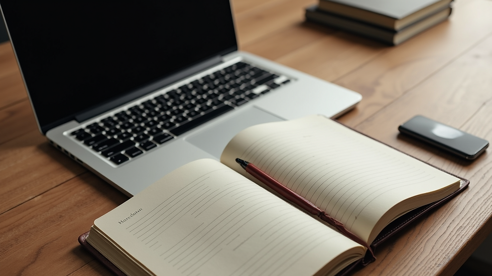 High angle view of a laptop and meditation journal on a wooden desk, symbolising online learning