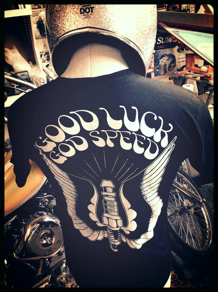 GOOD LUCK, GOD SPEED winged spark plug black shirt