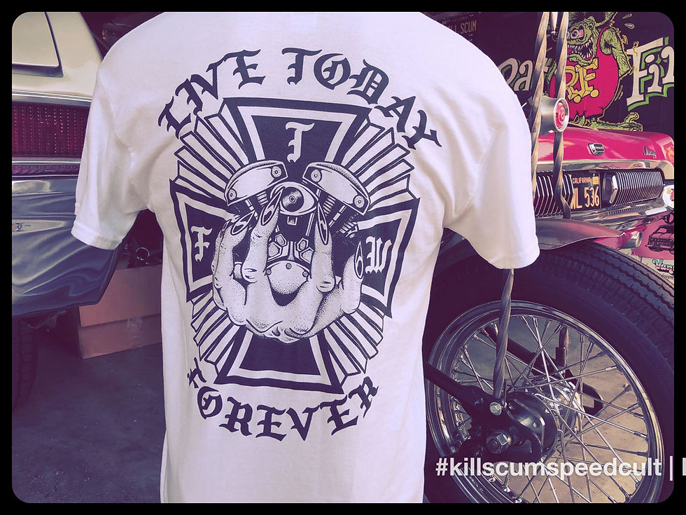 Thumbnail: Live Today Forever Iron Cross & Engine white cotton tee shirt
