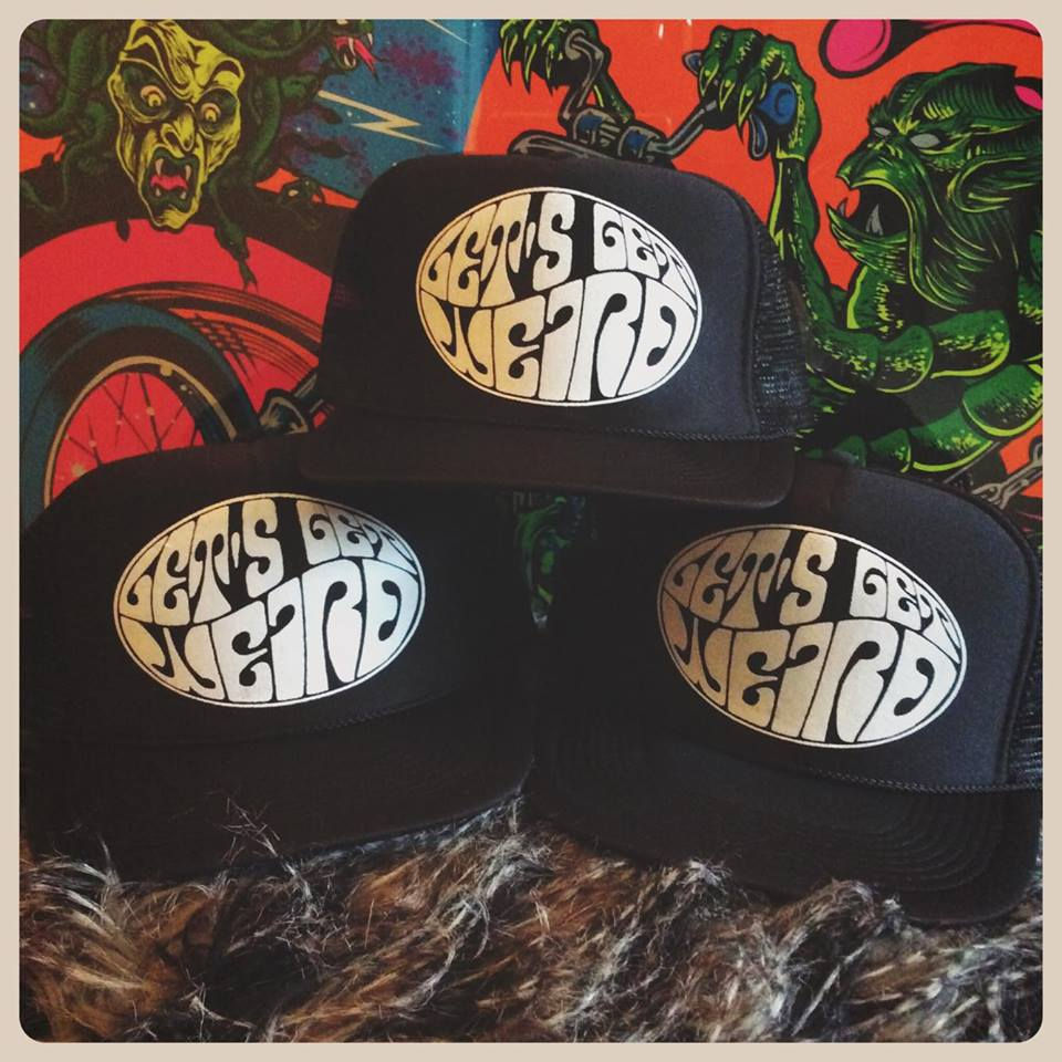 Thumbnail: "let's get weird" psychedelic black adjustable snap back classic trucker hat