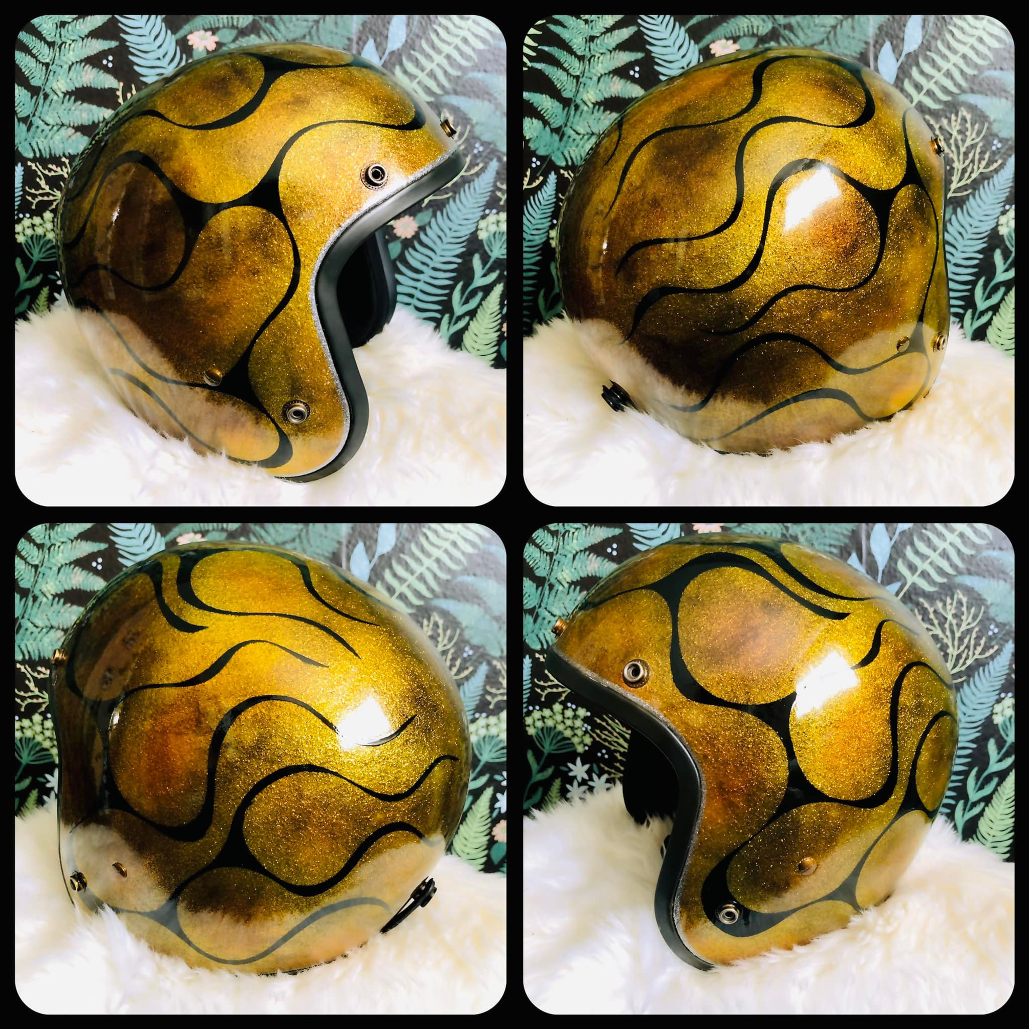 GOLD flake & flames open face helmet SIZE MEDIUM
