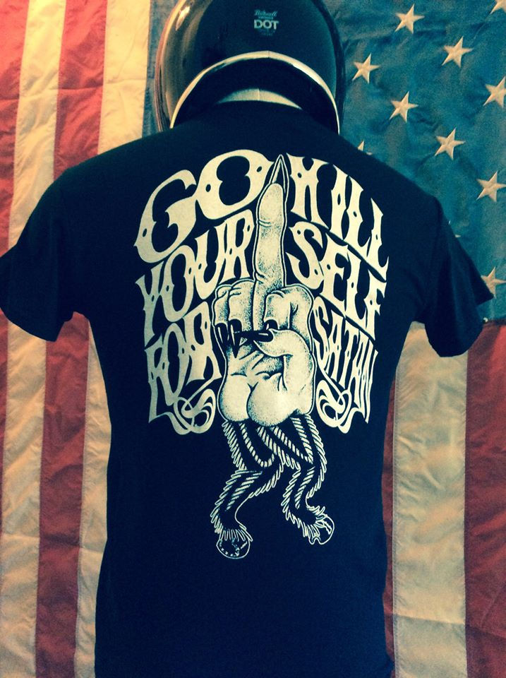 Thumbnail: "GO KILL YOURSELF FOR SATAN" flip off black T