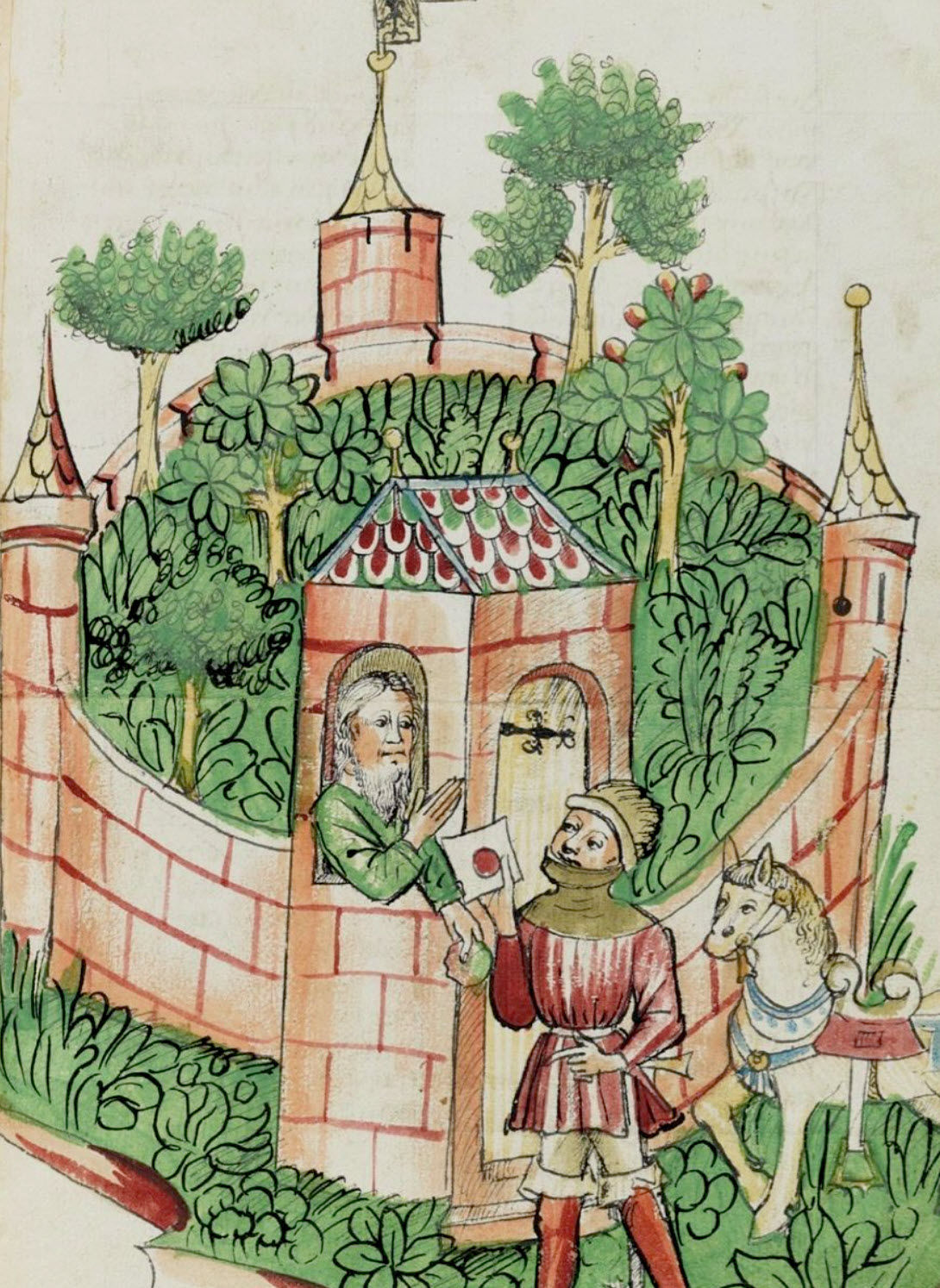 Historical drawing of men meeting at a walled dwelling