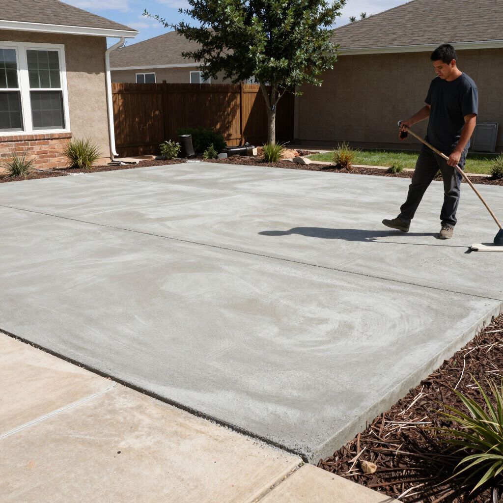 Worker finishing a concrete patio in Austin