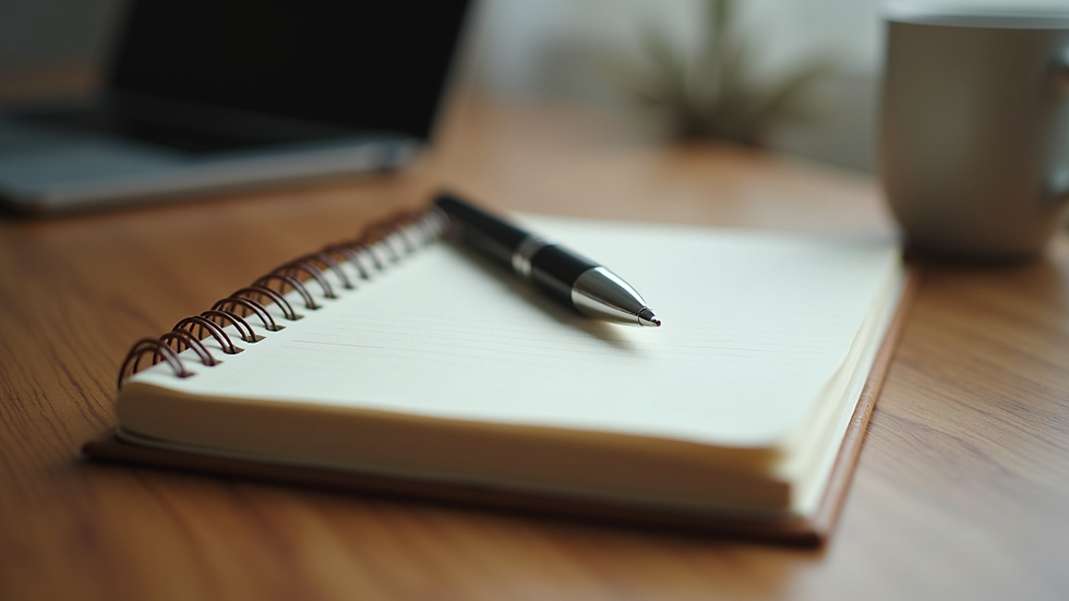 Close-up view of a journal and pen on a wooden table
