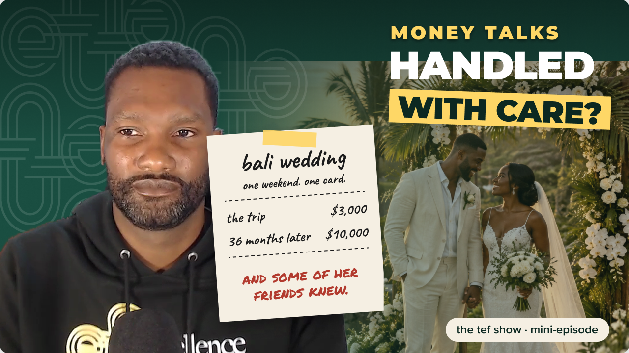 Money Talks mini-episode: Handled with care? Dr. Lynch looks at a handwritten receipt that reads: bali wedding, the trip $3,000, 36 months later $10,000, and some of her friends knew. A couple at a Bali wedding arch in the background. Watch on YouTube.