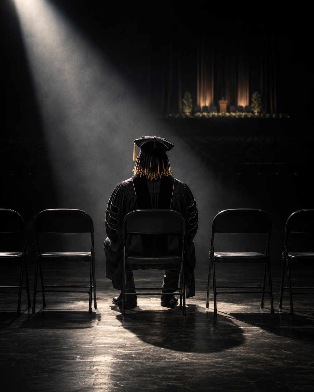 Seen from behind: a man with locs in a doctoral gown and tam sits alone in a row of empty folding chairs on a dark arena floor, a single spotlight on him, the stage glowing in the distance.