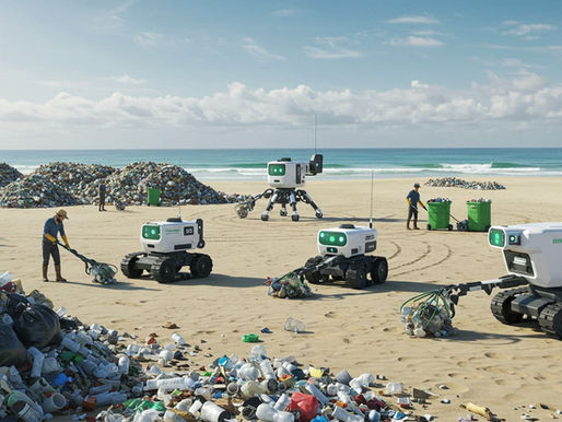 Menschen und Roboter räumen den Strand auf