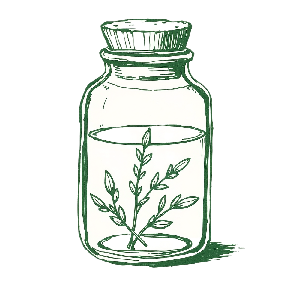 Vintage sketch of a glass jar with herbal oil and cork stopper, hand-drawn in dark green i