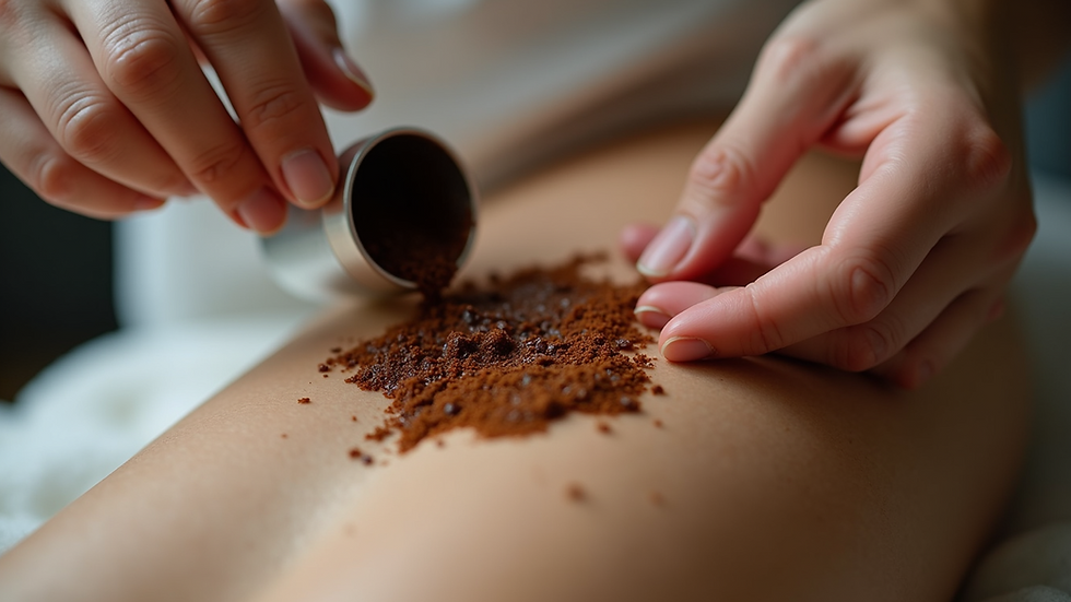 Eye-level view of a person applying coffee scrub on their skin