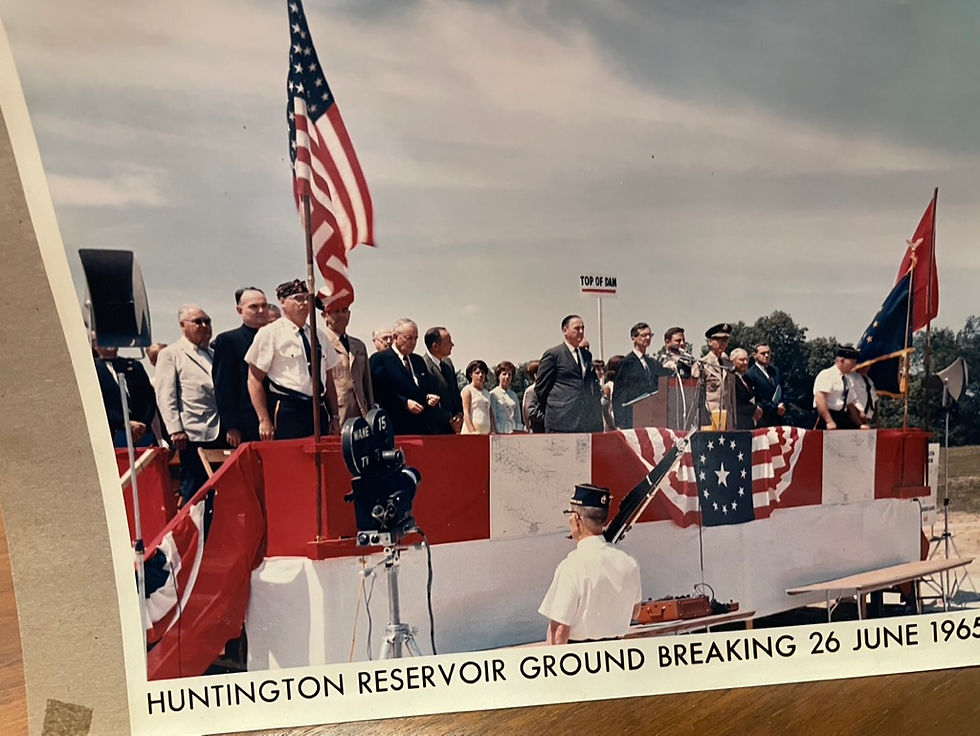 Along with Army officers, dignitaries at the last of three Upper Wabash Valley Flood Control Project groundbreakings include Gov. Branigin, Rep. Roush, Sen. Bayh, and members of the state authorizing agency, the Indiana Flood Control and Water Resources Commission.