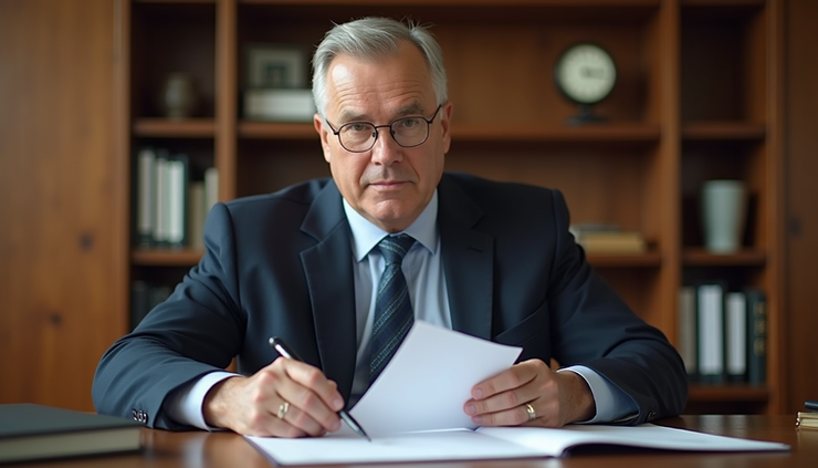 Eye-level view of a trustee reviewing estate documents at a wooden desk
