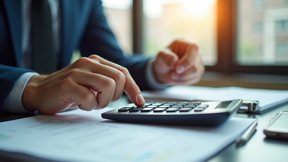Close-up view of a person reviewing legal documents with a calculator
