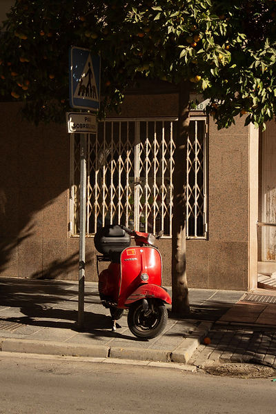 Red Motorbike next to window and tree