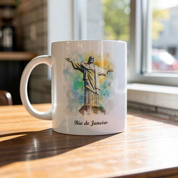 Caneca branca com Cristo Redentor aquarela e "Rio de Janeiro" sob luz solar.