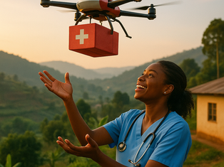 Nurse in rural hills reaches for a red medical package dropped by a hovering drone at dawn