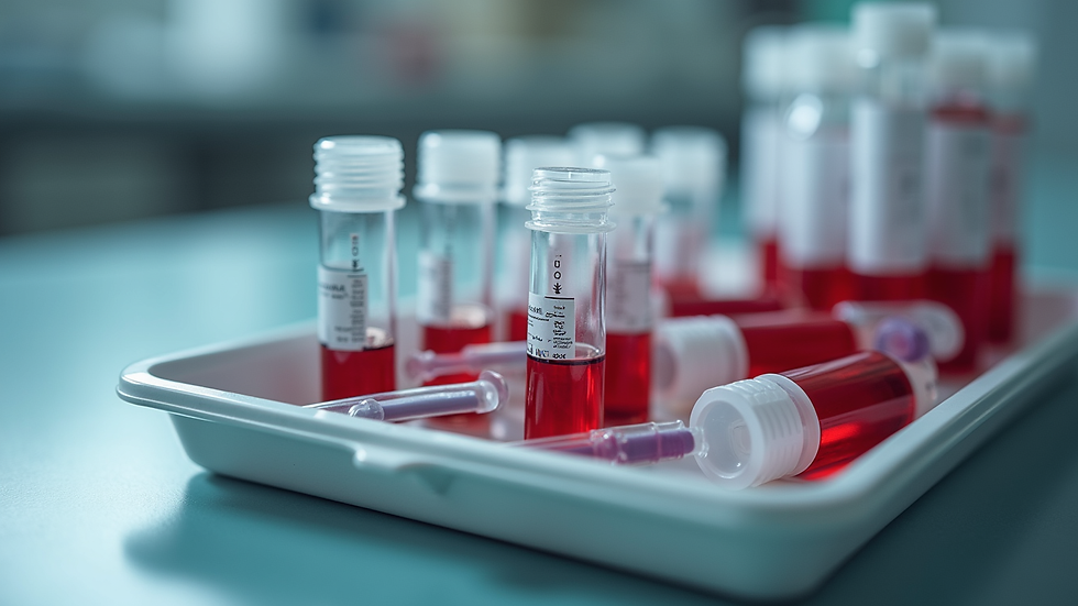 Close-up view of blood collection tubes and phlebotomy supplies on a tray