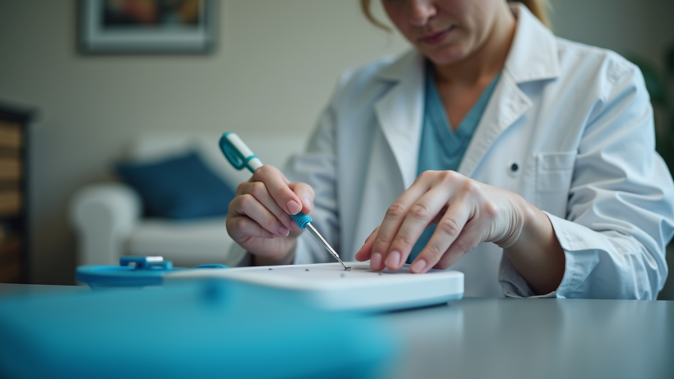 Eye-level view of a mobile phlebotomist preparing equipment in a home setting