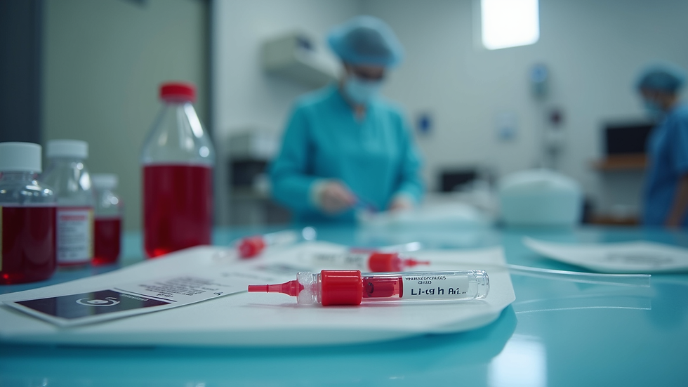 Close-up view of a mobile phlebotomy kit with blood collection tubes and supplies