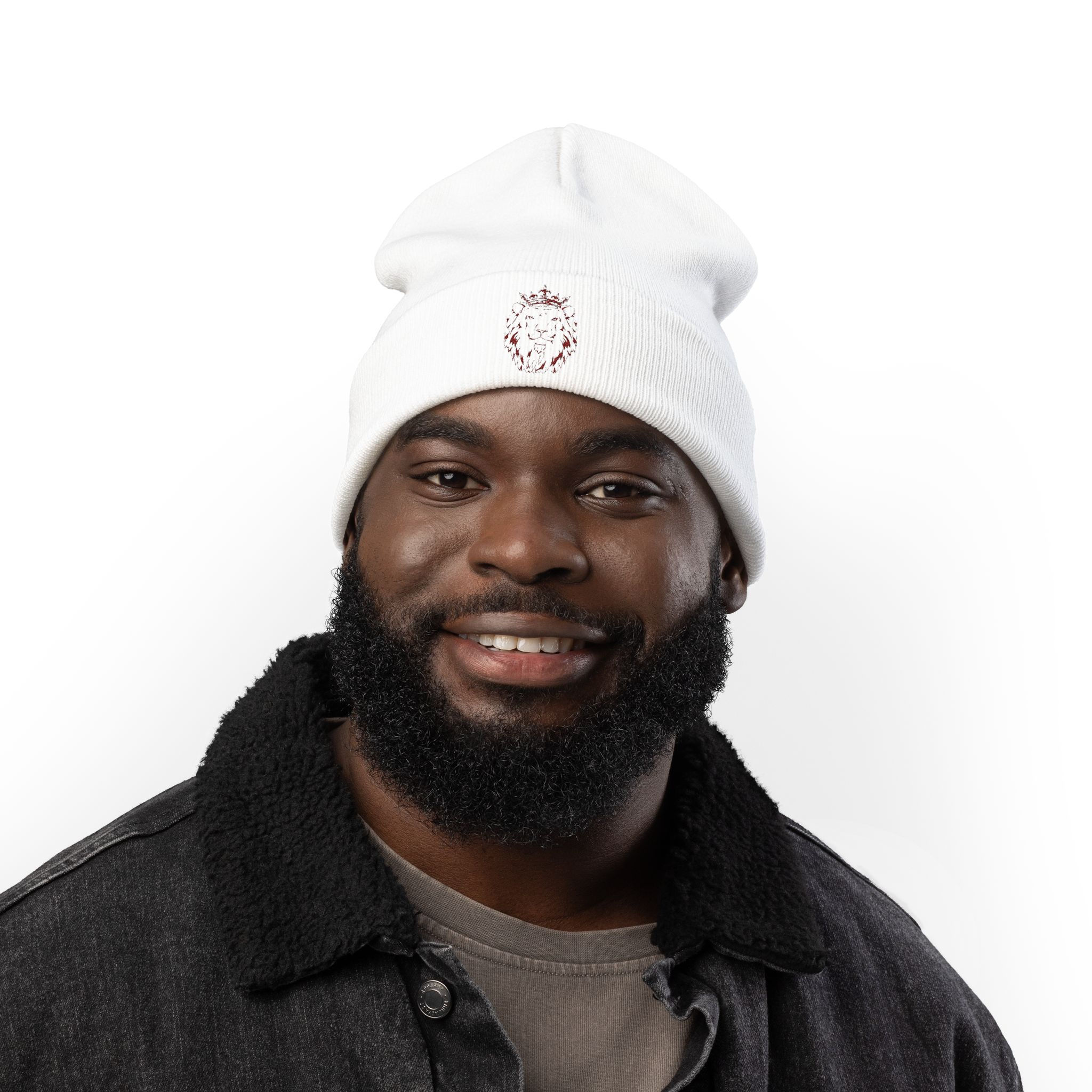 Embroidered White Floral Lion Knit Beanie — Minimal Crown Crest Winter Hat