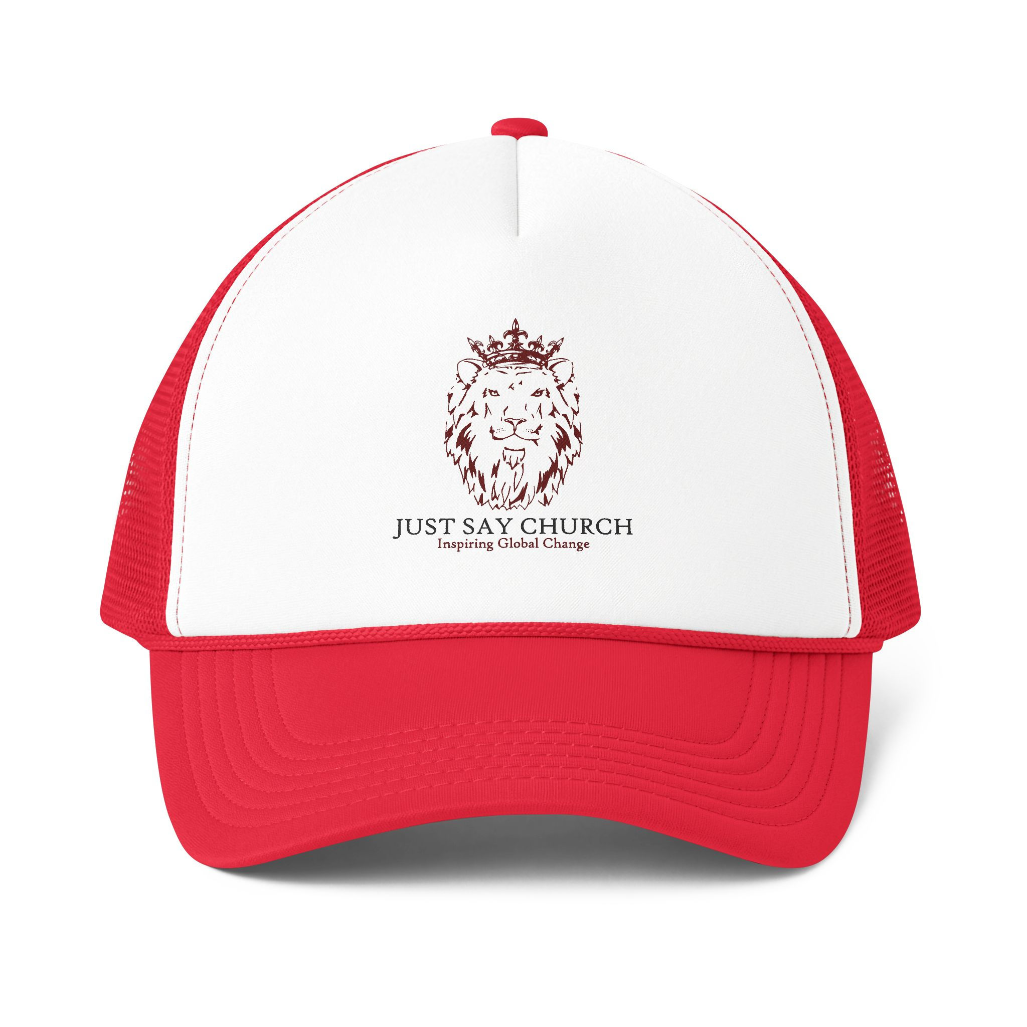 Just Say Church Lion Trucker Cap — Faith-Inspired Foam Mesh-Back Hat