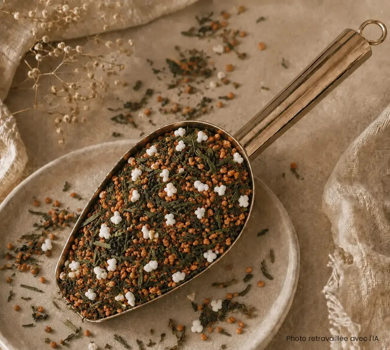 Thé vert Genmaicha, riz soufflé torréfié, noisette, caramélisé, Japon.