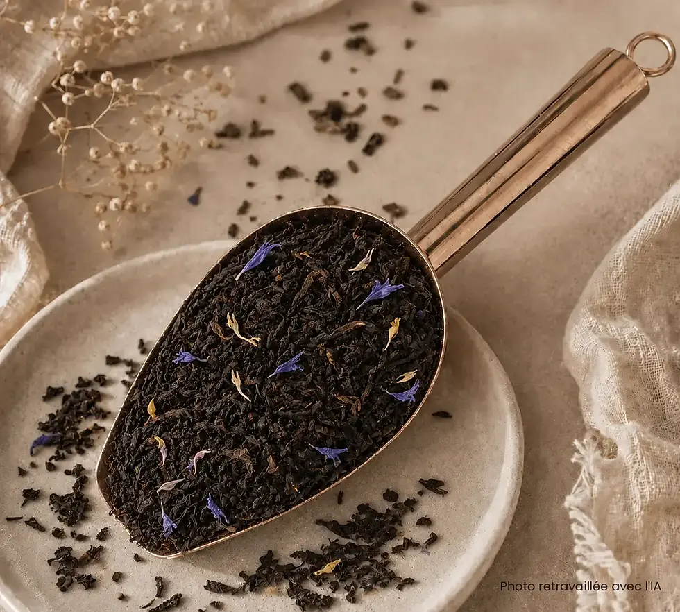 Earl Grey Bergamote Orange Citron. Agrumes, frais, acidulé, fleurs de bleuet, délicat.